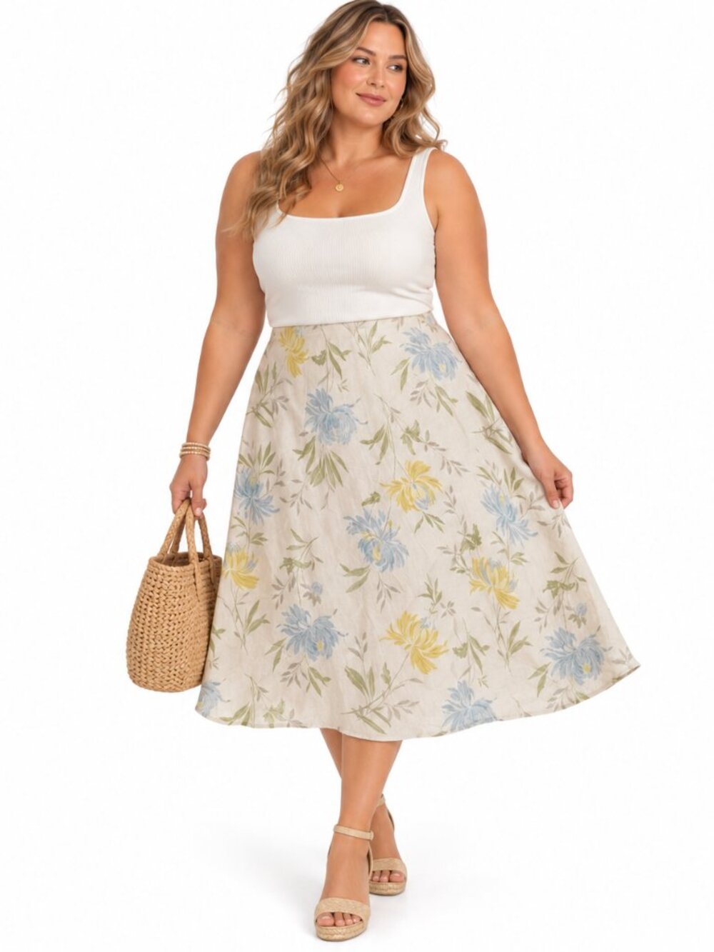 Cottagecore Silk Linen Midi A-Line Skirt 22W Cream Floral Pastel Easter Coastal